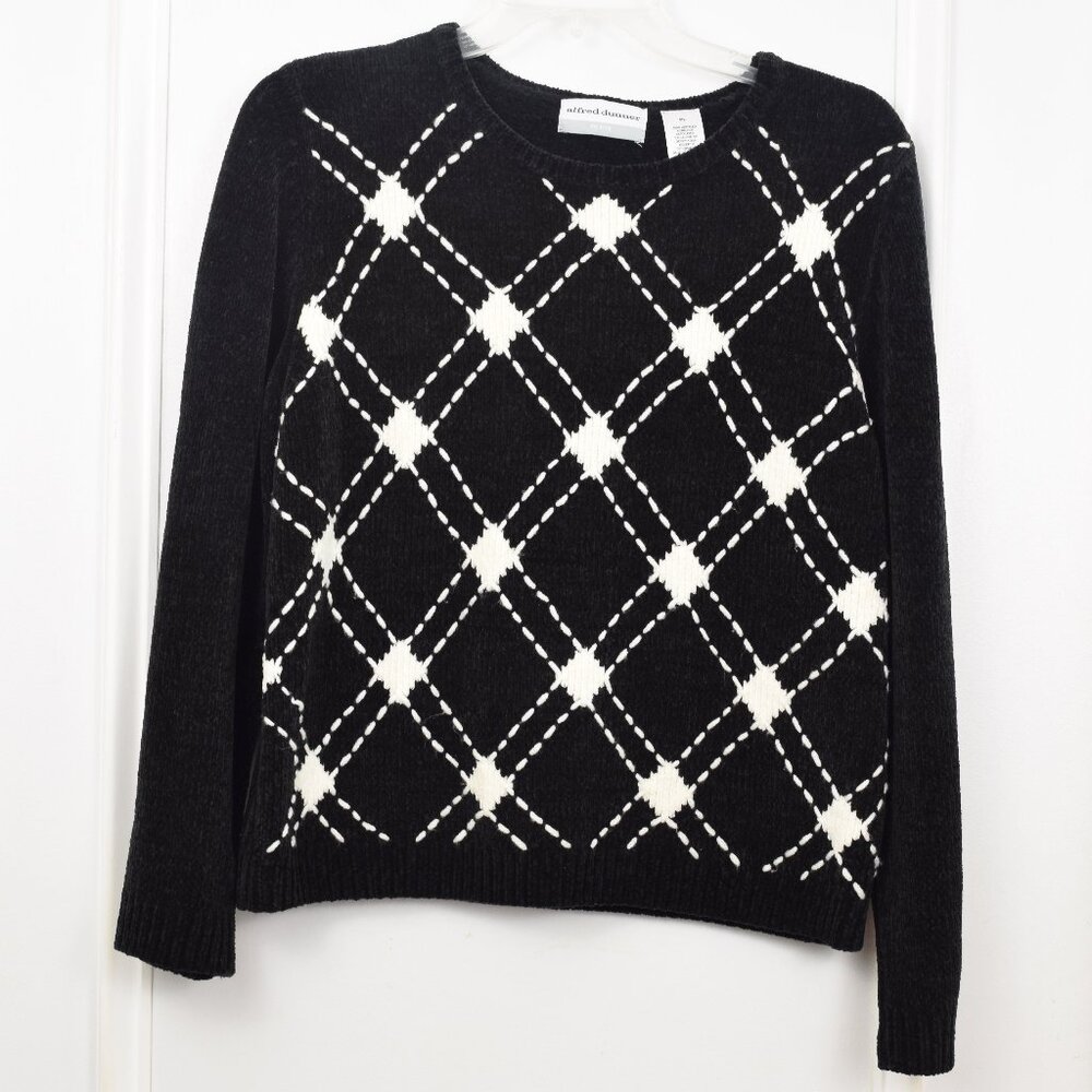 VTG 80 90 Alfred Dunner Pullover Sweater Women Petite Large Black White Chenille